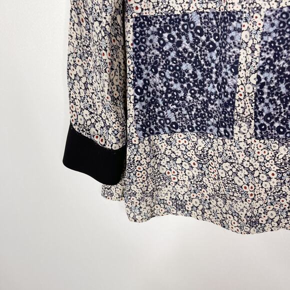 Derek Lam 10 Crosby Womens 4 Blue Ivory Floral Silk Windowpane Blouse Keyhole - Picture 4 of 12